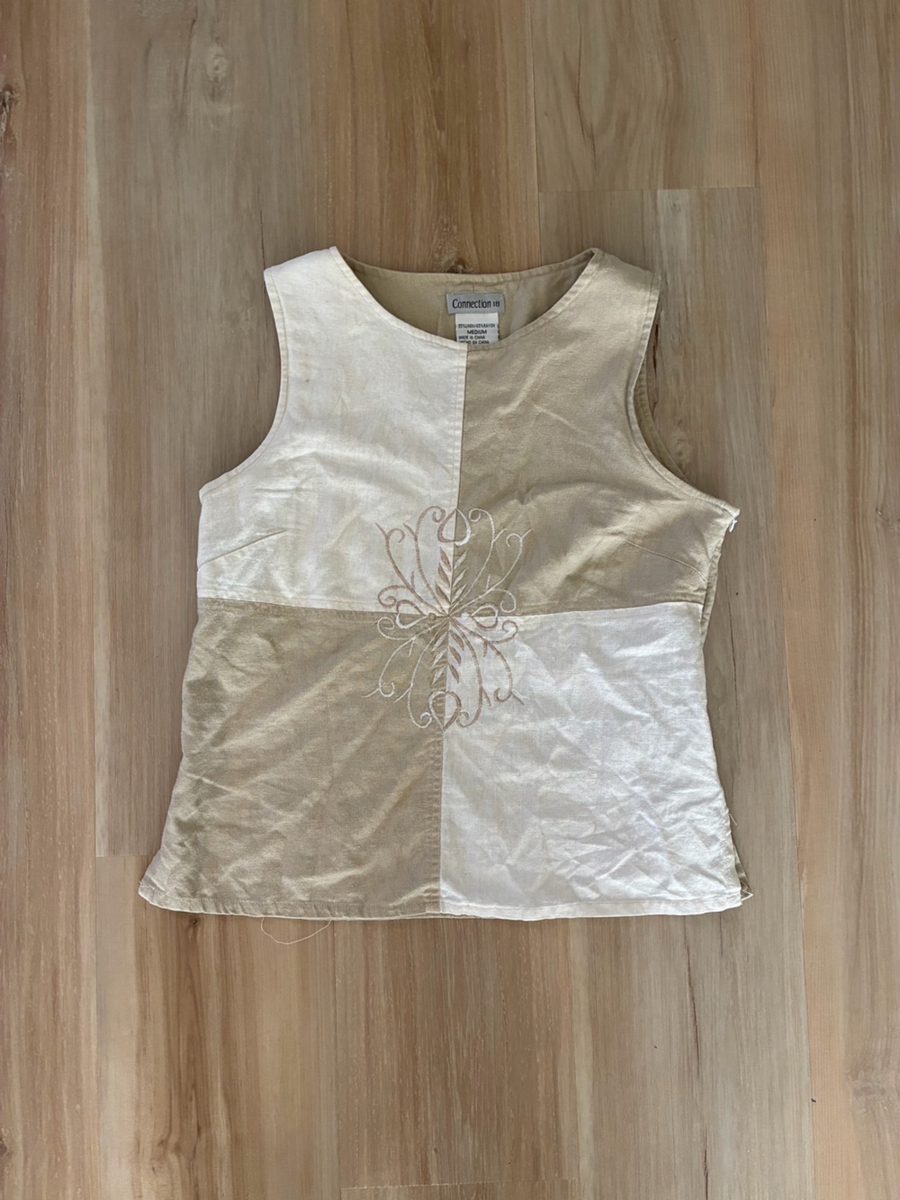 Connection 18 Cream and Tan Patchwork Embroidered Tank
